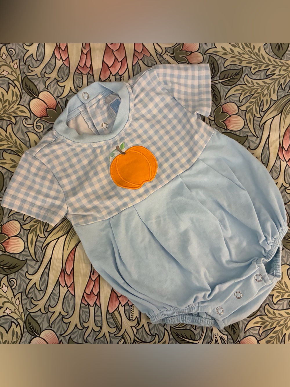Light Blue Gingham Pumpkin Appliqué Baby Onesie Bubble